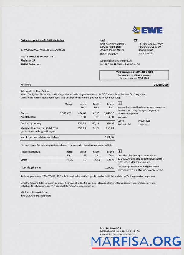 Realistic Germany EWE utility bill download for verification